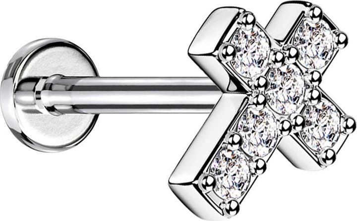 Actual product image Star Piercing Micro Labret internal thread silver cross with crystal silver (without brass, Organic, Surgical steel 316L)