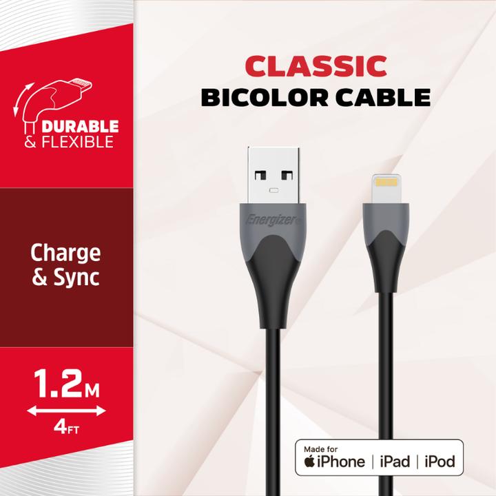 Image du produit Energizer Câble classique lightning bicolore 1.2m noir (1.20 m, USB 3.2 Gen 1)