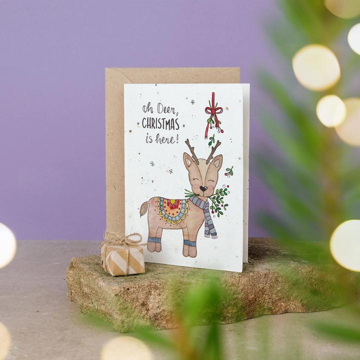 Immagine prodotto Einfach Weniger Cartolina di Natale - cartolina piantabile con semi di fiori colorati (Oh, deer Christmas is here) (1 pz.)