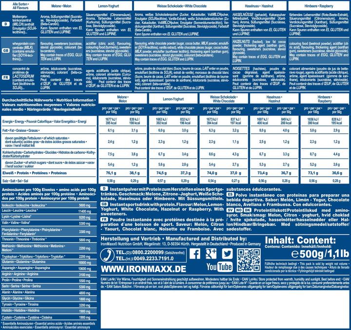 Nährwerte und Zutaten IronMaxx 100% Whey Protein (500g Beutel) (Neutral, 1 Stk., 500 g)