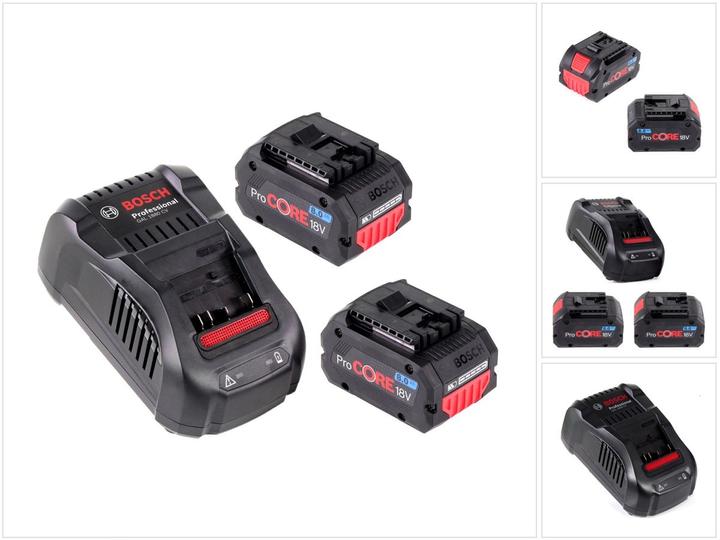 2x Bosch ProCORE 18 V 8.0 Ah Professional Li-Ion slide-in battery GBA ( 1600A016GK ), 1x Bosch GAL 1880 CV quick charger for 14.4 V - 18 V Li-Ion ( 1600A00B8G ), charging station