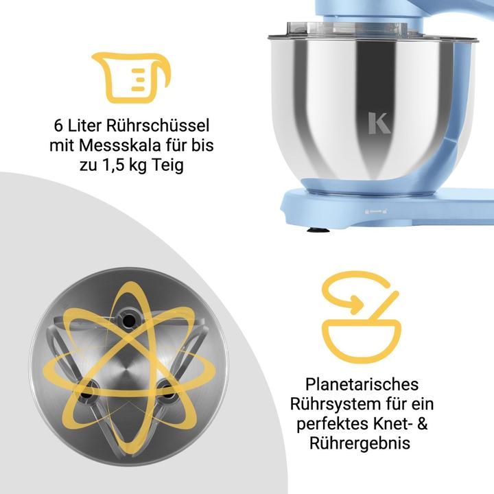 Image du produit KLAMER Küchenmaschine, Knetmaschine mit 6 Liter Edelstahl Schüssel (1800 W)