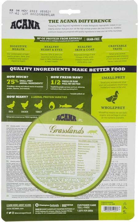 Nährwerte und Zutaten Acana Cat Regional GRASSLANDS 340gr (Adult, 4 Stk., 340 g)