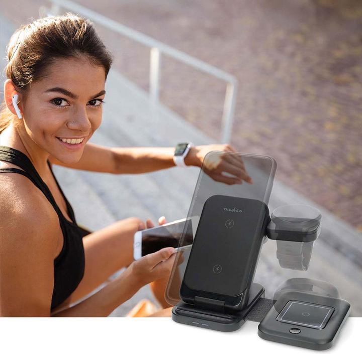 Actual product image Nedis Wireless charger | 3 in 1 | 15 W | LED display in use | incl. cable | USB-A / USB-C™ | (15 W)