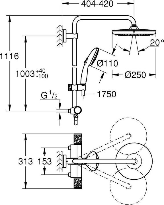 Actual product image Grohe Vitalio Start System 250 Duschsystem mit Thermostatbatterie, Schweizer Stichmass, variable Bohrlöche