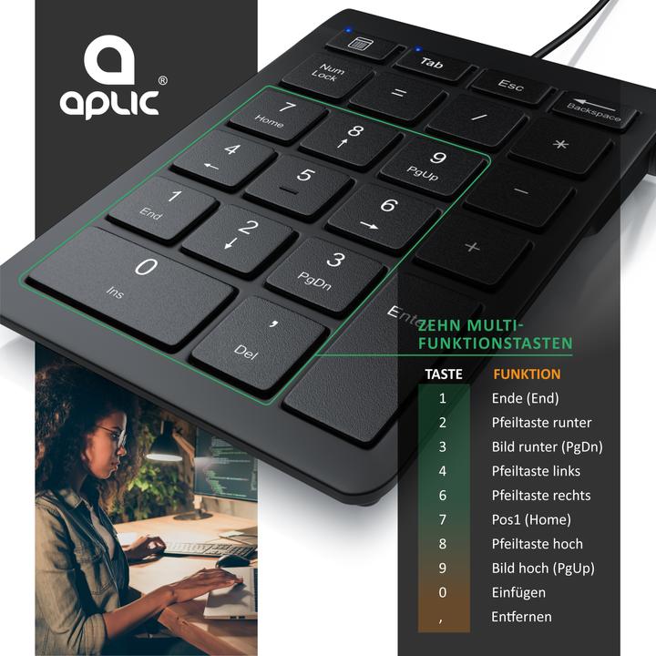 Produktbild Aplic Numpad 22 Tasten, USB Keypad kabelgebunden, Ziffernblock, Nummernblock Zusatztastatur, Kabel 1,50 m (DE, Kabelgebunden)