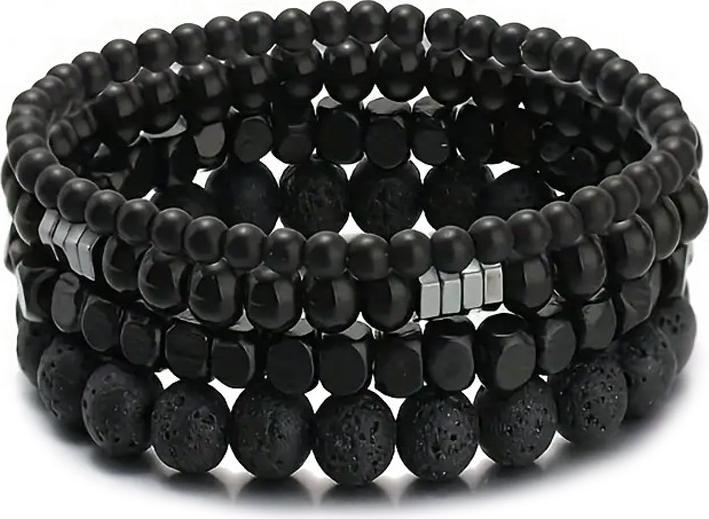 Cbx Elastisches schwarzes Perlenarmband-Set, eleganter Boho-Stil Lavastein (Hochwertige Lavastein- und Kunststoffperlen mit Metallakzenten)