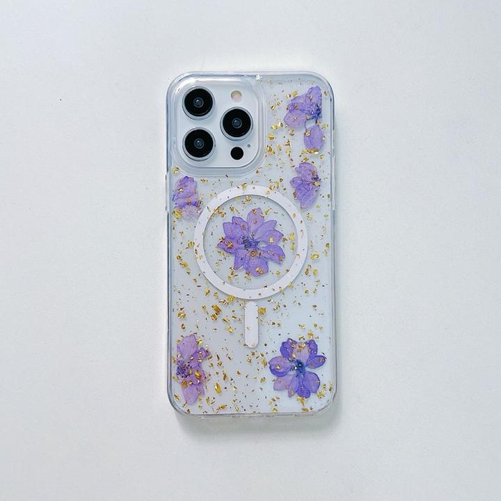 Produktbild RPD iPhone 16e - Hülle mit echten Blumen und goldenen Akzenten mit MagSafe, violett (Apple iPhone 16e)