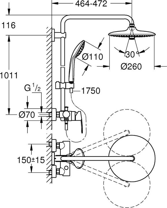 Image du produit Grohe Vitalio Joy 260 Duschsystem, mit Brausearmatur, wassersparend, 3 Strahlarten, Wandmontage, Antikalk-