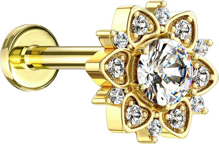 Actual product image Star Piercing Micro Labret Internal Thread 14k Gold Plated Heart Flower with Crystal (Brass, Surgical steel 316L)