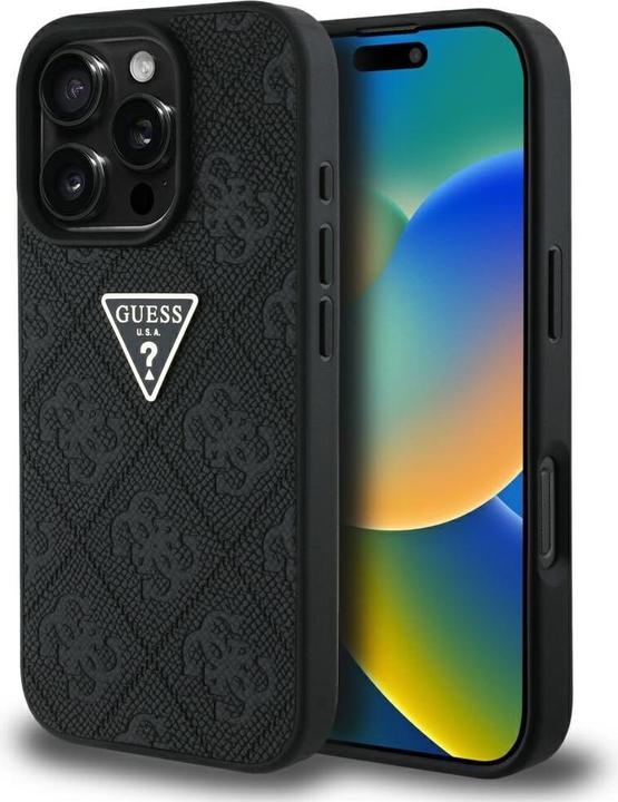 Actual product image Guess Hardcase PU Grained Hot Stamp 4G Triangle Metal Case for iPhone 16 Pro 6,3" Black (Apple iPhone 16 Pro)