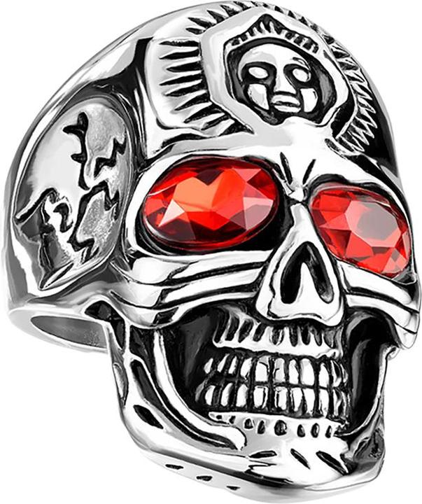 Image du produit Star Piercing Bague argent crâne avec yeux en cristal rouge (Acier chirurgical 316L, sans laiton)