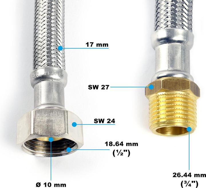 Immagine prodotto XPOtool Tubo flessibile da 600 mm DN13 3/4" M (26,44 mm) e 1/2" UN (18,64 mm) Braccio in acciaio inox EPDM