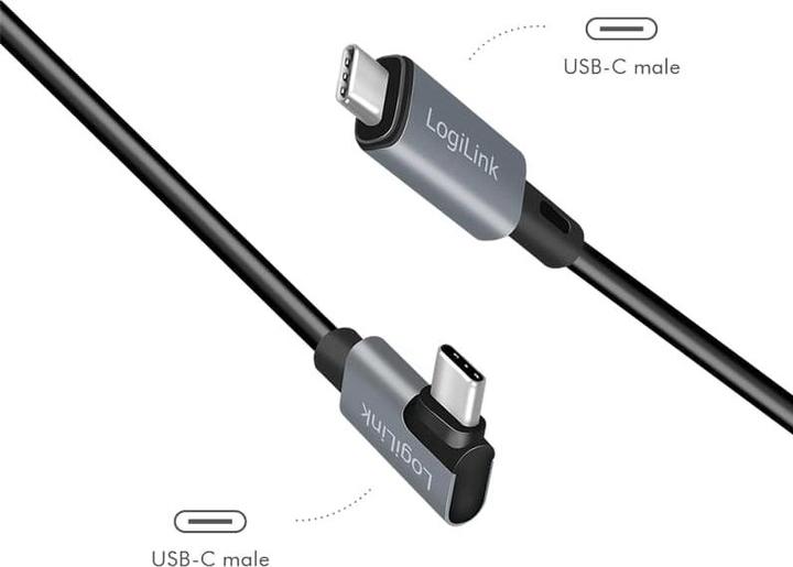 Produktbild LogiLink USB 2.0 Type-C-Kabel, C/M 90° zu USB-C/M, E-mark, PD, schwarz, 1 m (1 m, USB 2.0)