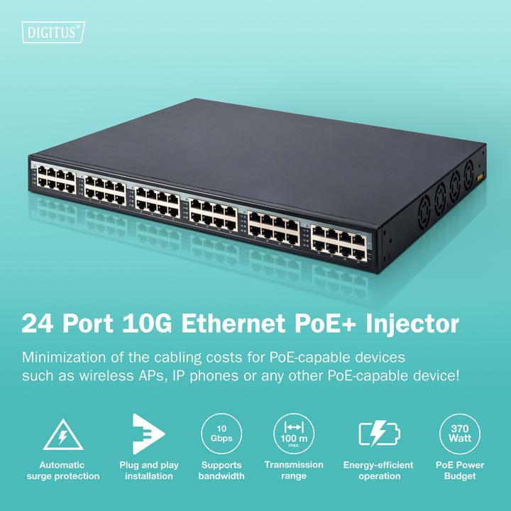 Actual product image Digitus 24 port gigabit PoE+ injector (802.3af (PoE), 802.3at (PoE+), 370 W)