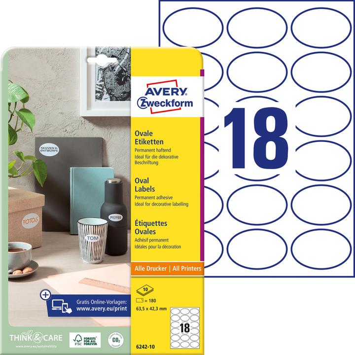 Image du produit Avery Zweckform Kennzeichnungs-Etiketten, ovale, 63.5x42.3 mm gris foncé, permanent, papier non traité
