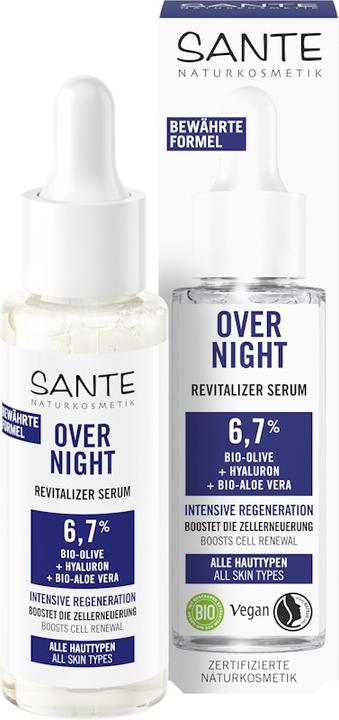 Sante Naturkosmetik Tages- & Nachtpflege Overnight Revitalizer Serum mit Bio-Olive, Hyaluron & Bio-A (30 ml)
