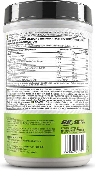 Valori nutrizionali e ingredienti Optimum Nutrition Impianto Gold Standard 100% (Vaniglia, 1 pz., 684 g)