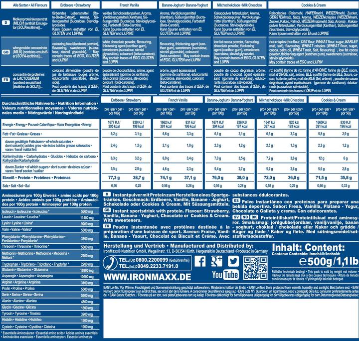 Nährwerte und Zutaten IronMaxx Whey Protein (Milchschokolade, 1 Stk., 500 g)