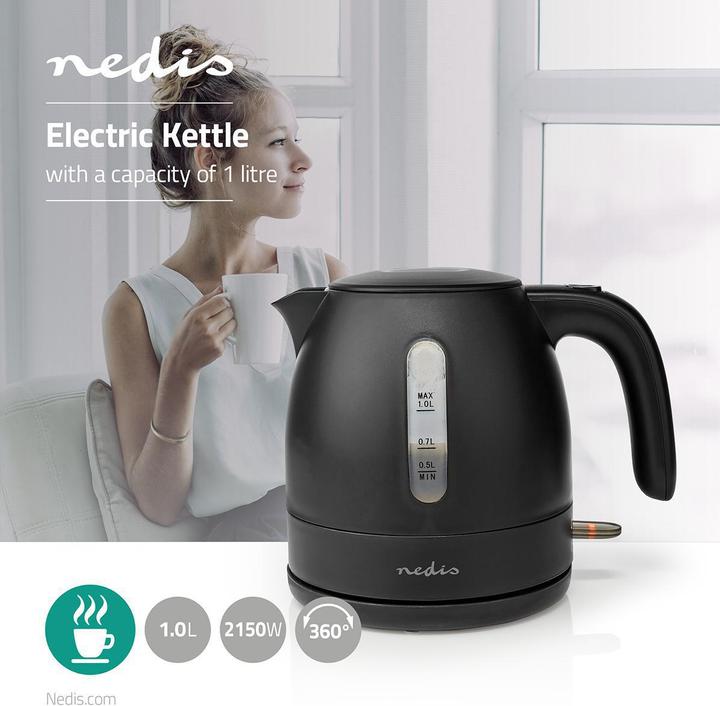 Actual product image Nedis Kettle - 360° rotating base - Boil-dry protection - Water level indicator - Safety deck (1 l, EU plug)