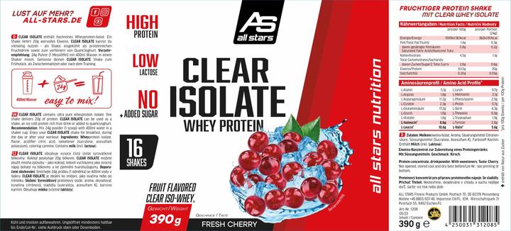 Nutritional values and ingredients All Stars Clear Isolate Whey Protein (390g tin) (Fresh Cherry, 1 pcs., 390 g)