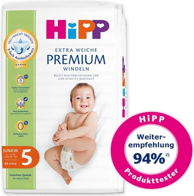 Immagine prodotto Hipp Windeln Babysanft Premium Grösse 5, Packungsgrösse: 44 (Dimensione 5, 1 Pezzo/i)