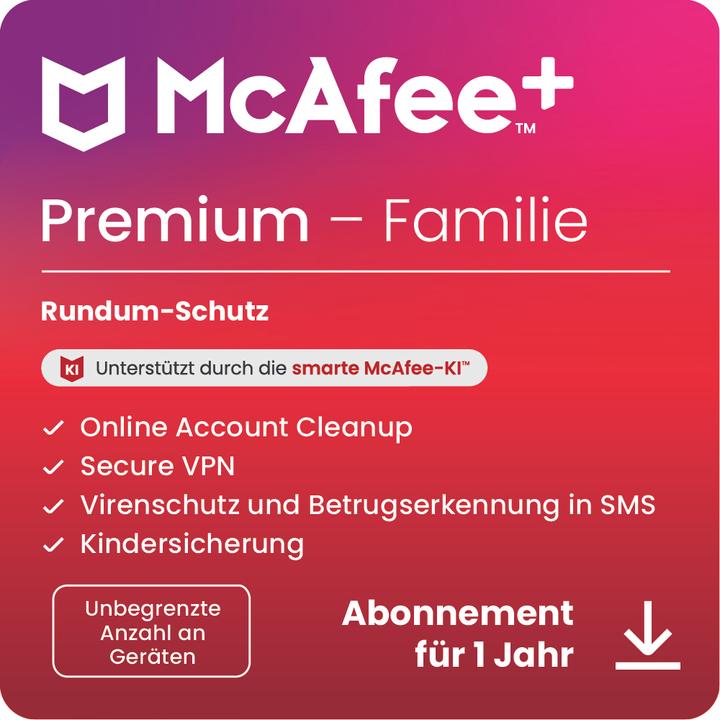 Immagine prodotto McAfee + Premium Familie (Unbegrenzte Anzahl von Geräten) (1 Utente, 1 Dispositivi/Utenti, 12 mesi)