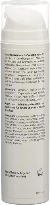 Valeurs nutritives et ingrédients Alpinamed Gel encens cannabis MSM gel (1 x, 200 ml, 280 g)