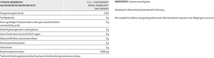 Nährwerte und Zutaten Sponser Creatine Monohydrat (1 Stück, Pulver, 500 g)