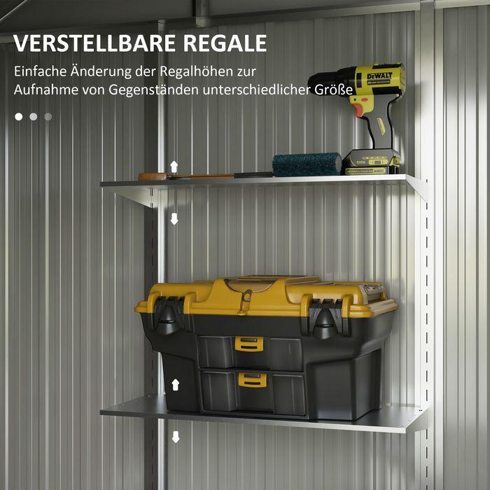 Produktbild Swisshandel24 Gerätehaus Stahl 2,7m² UV-Schutz 2 Schiebetüren Regal Fundament Dunkelgrau 238x132x198,5cm