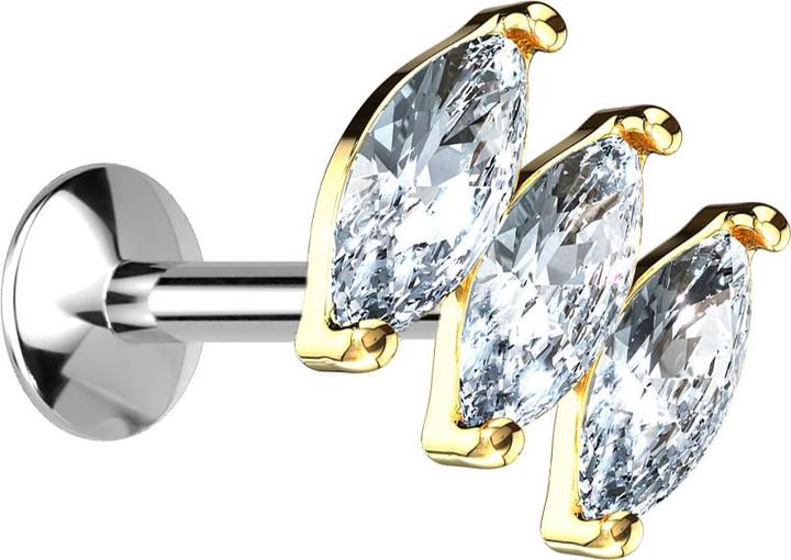 Star Piercing Micro UFO Labret Innengewinde vergoldet mit drei ovalen Kristallen (Messing, Chirurgenstahl 316L)