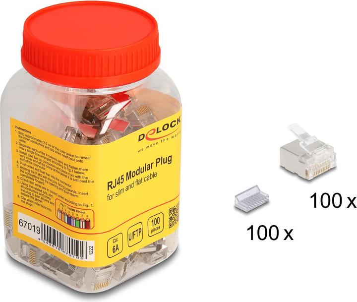 Immagine prodotto Delock Spina modulare RJ45 Cat.6A per cavi sottili e a nastro Set da 100 (Connettore del cavo di rete)