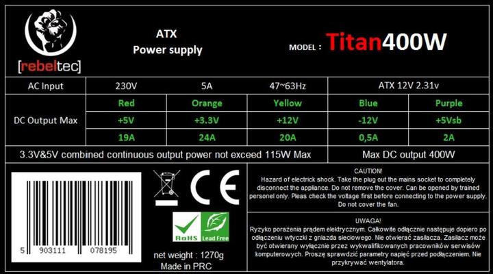 Actual product image Rebeltec TITAN 400 ATX power supply ver. 2.31 (400 W)