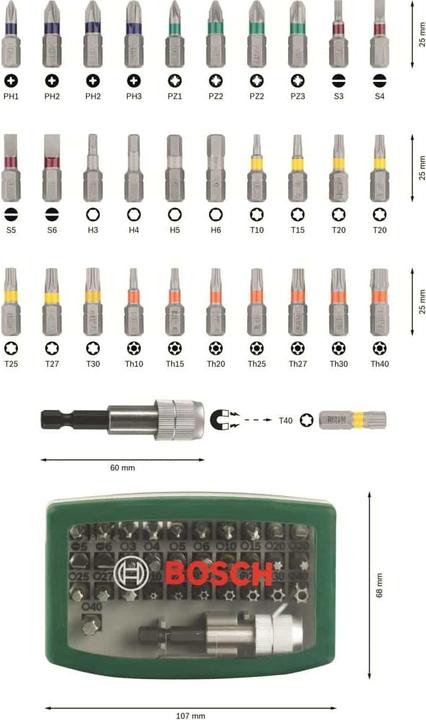 Produktbild Bosch Zubehör Schrauberbit-Set mit Farbcodierung, 32-teilig (Innensechsrund TX M10, Innensechsrund TX M15, Innensechsrund TX M20, Innensechsrund TX M30, Kreuz Phillips PH M1, Kreuz Phillips PH M2, Innensechsrund TX M25, Innensechsrund TX M27, Innensechsrund TX M40, Kreuz Pozidriv PZ M1, Kreuz Pozidriv PZ M2, Kreuz Phillips PH M3, Kreuz Pozidriv PZ M3)