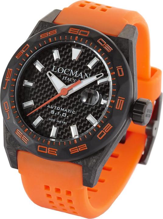 Produktbild Locman Italy Herrenuhr Stealth Carbon Automatik schwarz/orange Ref. 0216 (Analoguhr, 46 mm)