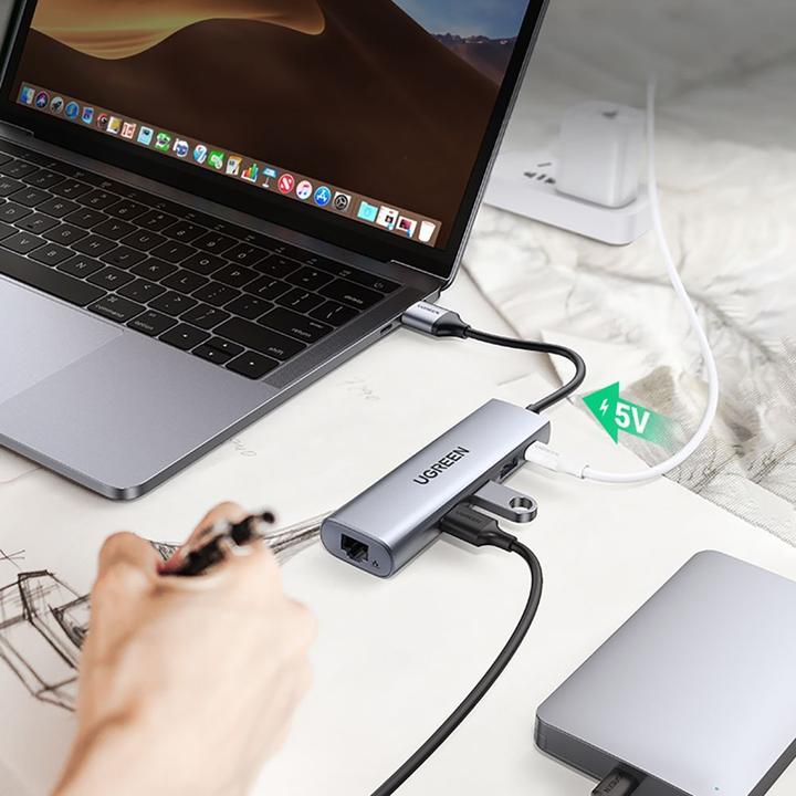 Actual product image Ugreen CM266 Hub Adapter 5in1 USB, 3x USB 3.0, micro USB, RJ45 (grey) (Micro USB, USB-A, 5 Ports)