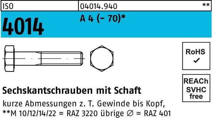 Produktbild Sechskantschraube DIN 931 m.Schaft M 16 x 75 A 4 (- 70) (25 Schrauben pro Stück)