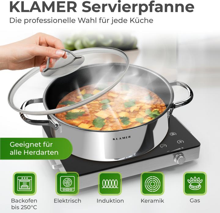 Produktbild KLAMER 28cm Induktion Servierpfanne, Antihaft, Backofenfest, inkl. Deckel (28 cm, Pfannenset + Topfset, Edelstahl)