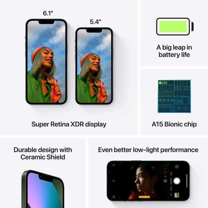 Produktbild Apple iPhone 13 (128 GB, Green, 6.10", SIM + eSIM, 12 Mpx, 5G)