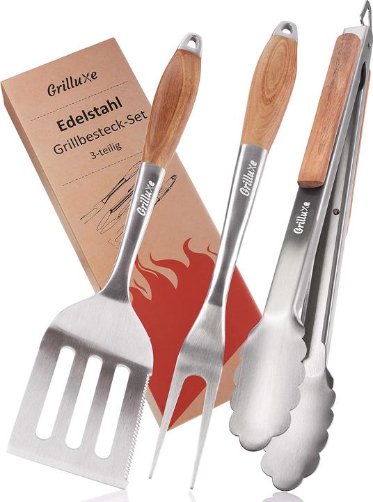 Grilluxe Grillbesteck Set, 3-teilig, Akazienholz, Edelstahl
