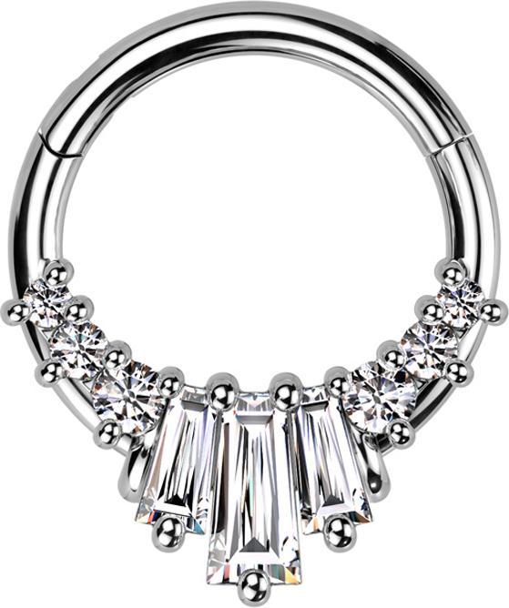 Star Piercing Micro Segmentring klappbar silber sechs runde und drei Baquette Kristalle silber (Messing, Chirurgenstahl 316L)