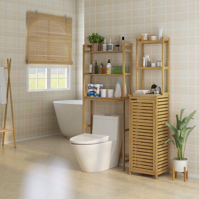 Produktbild Swisshandel24 Badezimmerschrank, Bambus, Schrankfach, 3 offene Fächer, Kippschutz, Naturholz, 38,5 x 33 x 170 cm