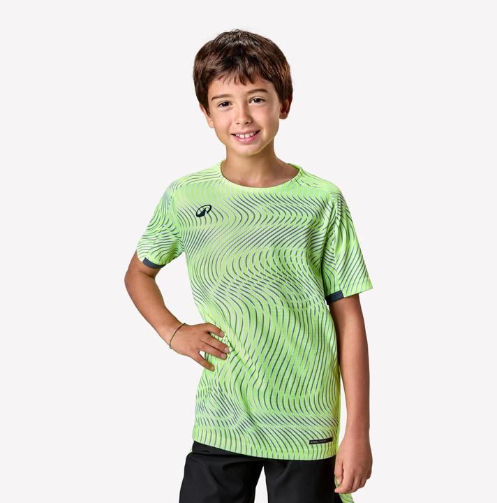 Actual product image Kipsta Kids' Short-Sleeved Football Shirt Viralto Wave - Neon Yellow, Grey & Black (12, 13, 14)