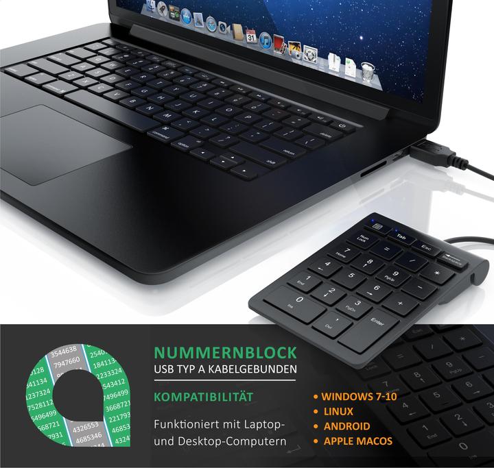 Produktbild Aplic Numpad 22 Tasten, USB Keypad kabelgebunden, Ziffernblock, Nummernblock Zusatztastatur, Kabel 1,50 m (DE, Kabelgebunden)