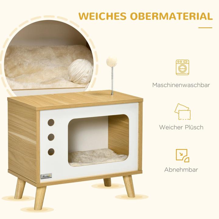 Image du produit PawHut Cave à chat design TV avec jouets et coussins, chêne, 50x28x43cm (Chat)