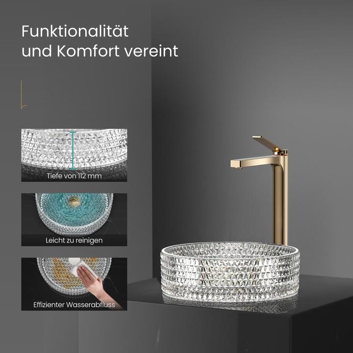 Image du produit Emke Vasque à poser, 360 x 360 x 112 mm, évier en verre clair, vasque ronde à poser (360 mm, 360 mm)