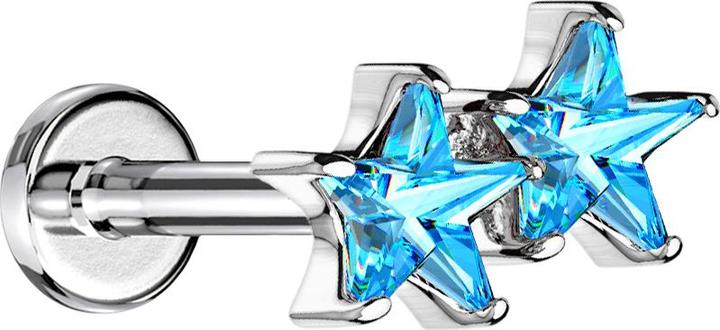 Star Piercing Micro Labret Innengewinde silber doppel Kristallstern aqua (Messing, Chirurgenstahl 316L)
