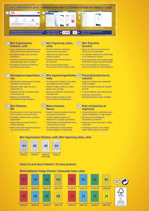 Nutritional values and ingredients Avery Mini organisation labels