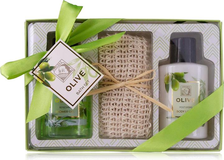 Produktbild Accentra Badeset OLIVE in Geschenkbox, inkl. 100ml Duschgel, 100ml Bodylotion, Sisal-Handtuch, Duft: Olive, F (Körperpflegeset, Haarpflege set)