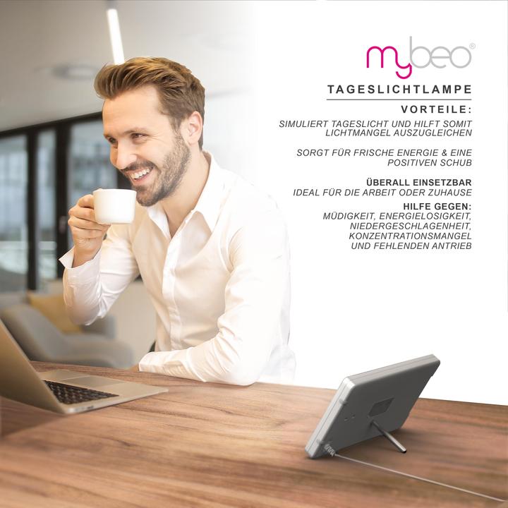 Produktbild Mybeo Tisch Tageslichtlampe, Metallständer, 3x Helligkeitsstufen, Flacker- und UV-frei, A++, 7W